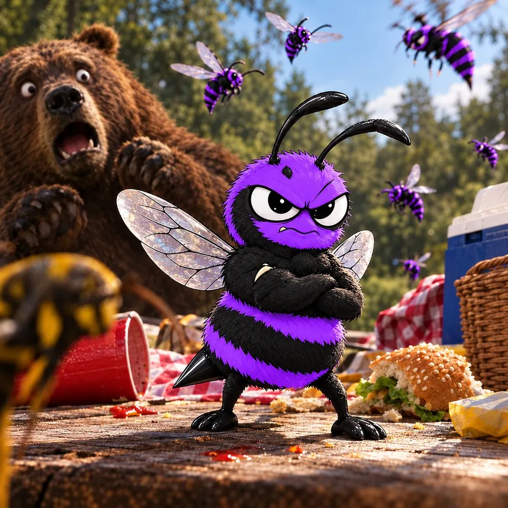 A hornet standing on a picnic table while a bear backs away in fear
