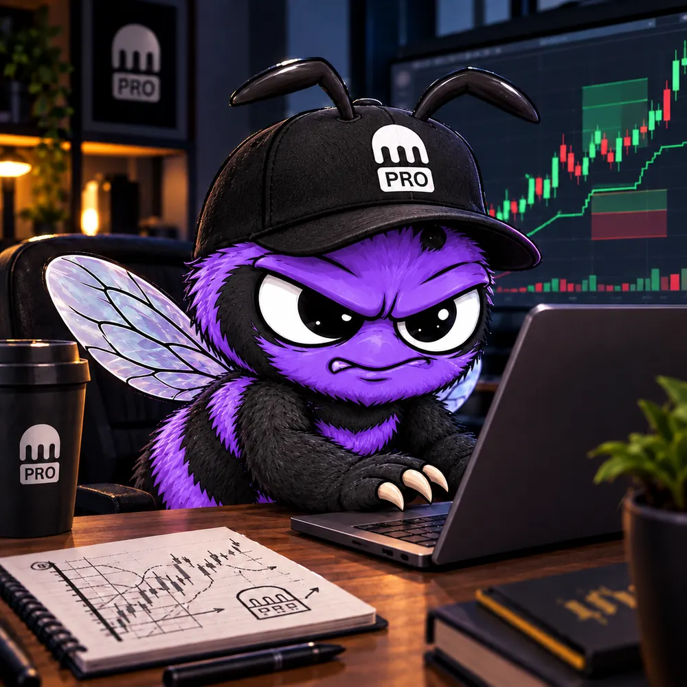 A hornet in a cap trading at a laptop with charts behind him